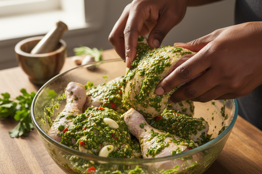 Spreading Épis paste on chicken in glass bowl