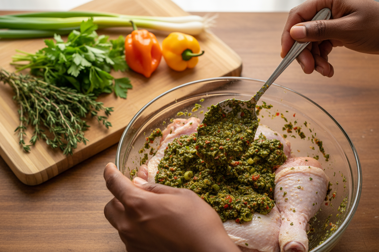 Spooning Spicy Épis marinade paste onto chicken