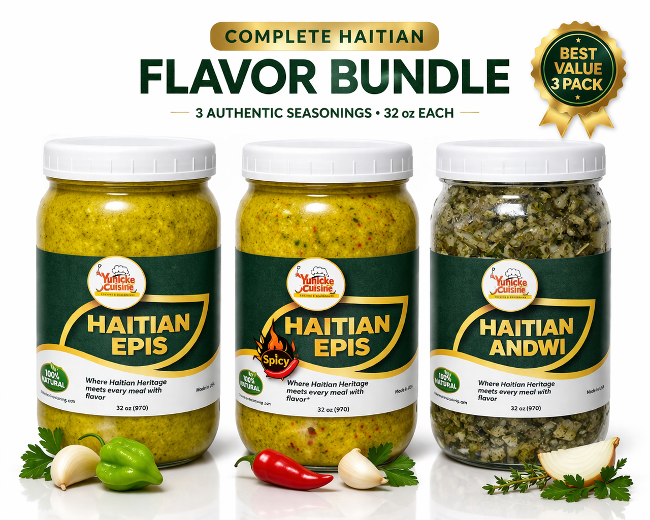 Complete Haitian Flavor Bundle – Trio Set (3 x 32 oz) | Yunicke Cuisine