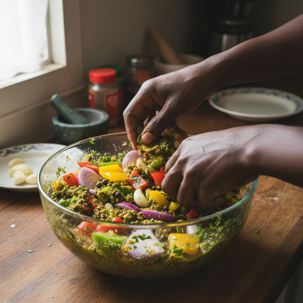 Mixing Regular Épis with vegetables for stew
