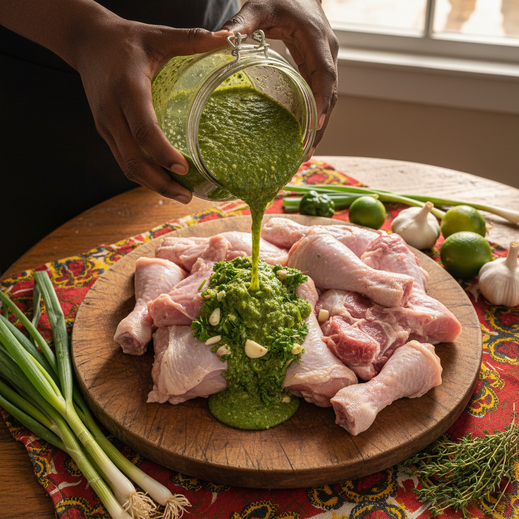 Pouring Haitian Épis marinade from jar onto meat