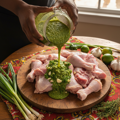 Pouring Haitian Épis marinade from jar onto meat