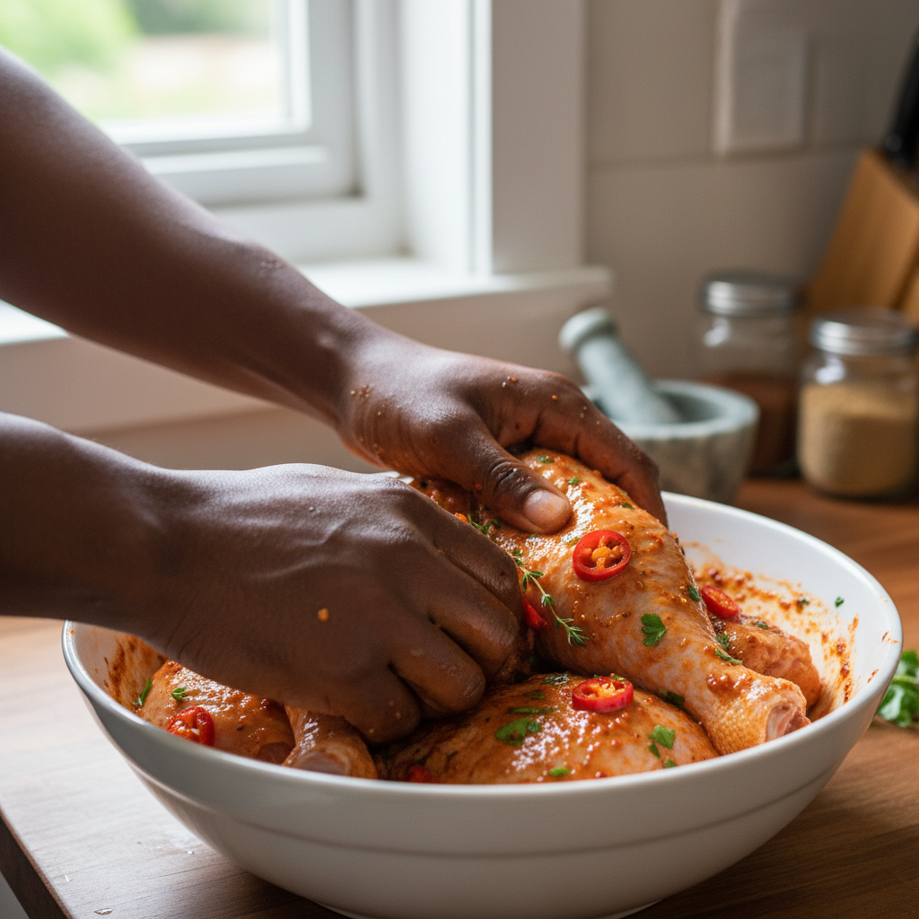 Massaging Spicy Épis into meat